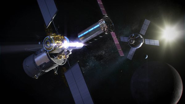 Nasa Gateway rendering shows spacecraft orbiting the moon