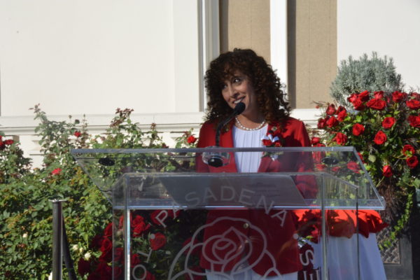 Tournament of Roses President Laura Farber smiles from podium