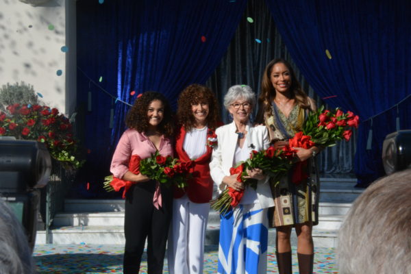 Tournament of Roses 2020 President Laura Farber stands with Grand Marshals Laurie Hernandez, Rita Moreno and Gina Torres