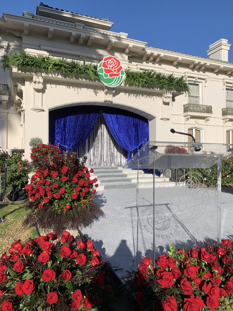 Tournament House decked out with red roses and blue and silver curtains