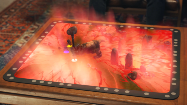 Tabletop game appears shrouded in red flames and smoke through augmented reality