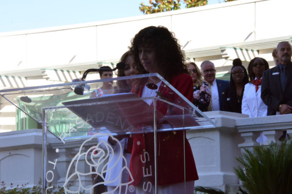 President Farber stands at Tournament of Roses lectern