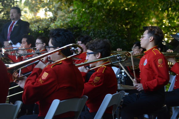 Closeup of trombone players and drummer in Tournament of Roses Honor Band