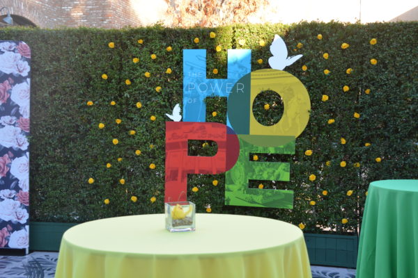 "HOPE" graphic against curtain with white dovves and table in foreground
