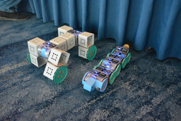 Block and snake robots on carpet at California STEAM Symposium