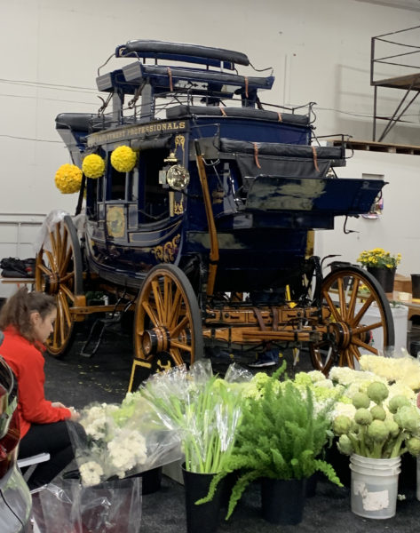 1800s black stagecoach sits by the wall as red-jacketed staffer pulls flowers from a flat to decorate it