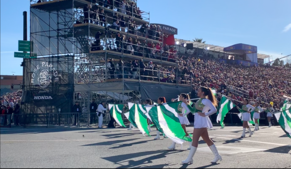 Banda Colegial flag carriers lift white and green flags before the reviewing stand