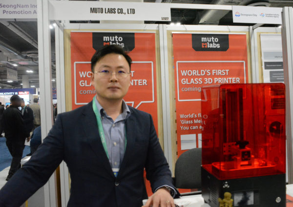 Soon Chen Hong of Muto Labs displays his company's new "Mutable" 3D printer--which does 3D printing in glass and crystal--in CES 2020's Eureka Park area