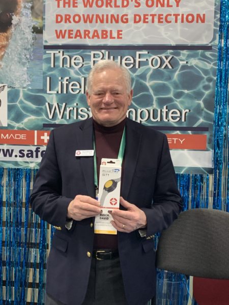 Guardian-Lifeline Drowning Detection Systems Founder and President Dave Busch with his drowning-prevention wearable, the BlueFox Lifeline Wrist Computer, at Eureka Park during CES 2020.
