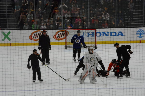 Closeup of five Anaheim Ducks players on the ice in front of the net