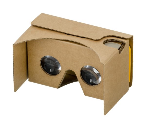 A Google Cardboard headset from a viewer's perspective.