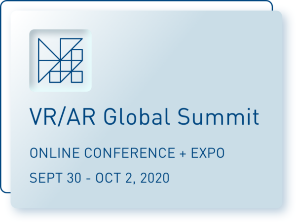 VR?AR Global Summit sign on light-blue background