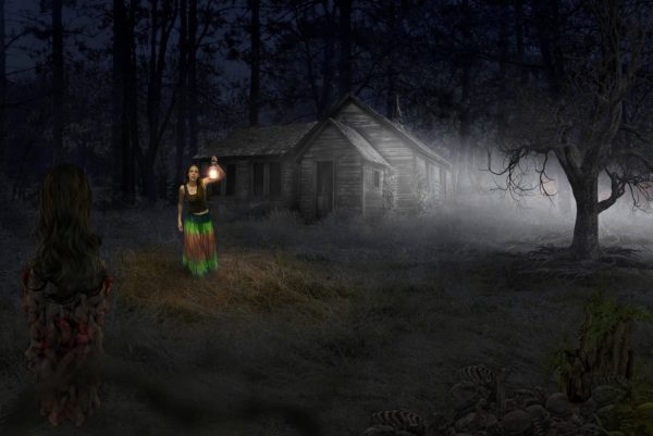 Woman with a raised lantern outside farmhouse at night as white light illuminates a dead tree