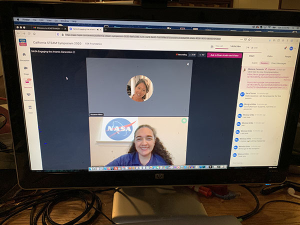 Monica smiles during Zoom presentation on computer with NASA logo in background