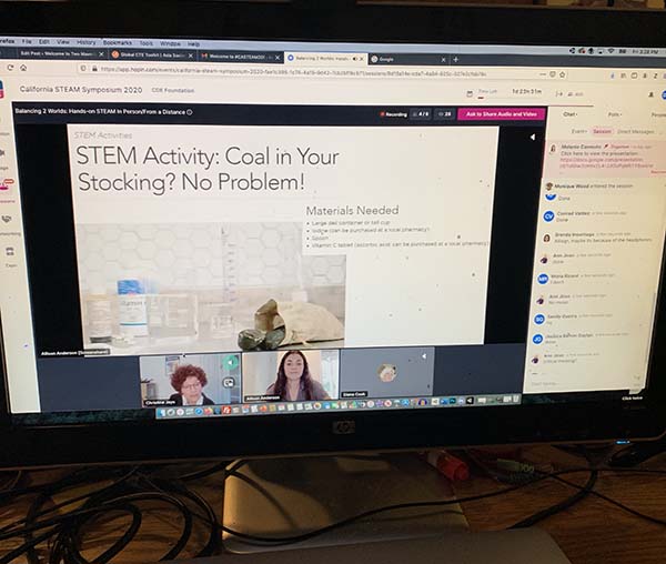 Christine with "Coal In Stocking" STEM kit slide during virtual California STEAM Symposium