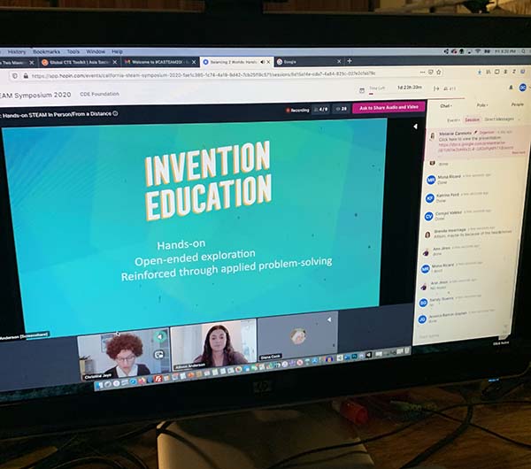 Christine Jayo with "Invention Education" slide behind her on Zoom call during California STEAM Symposium