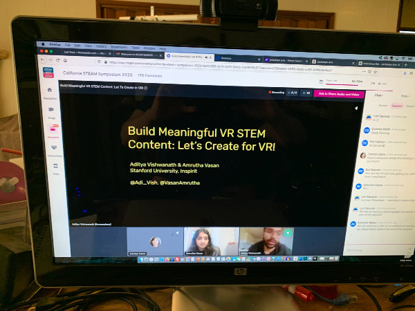 Aditya and Amrutha on Zoom with "blackboard" style slide that says: "Build Meaningful STEM Content: Let's Create for VR!"