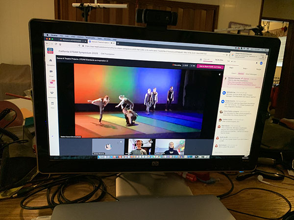 Slide of students onstage with rainbow spectrum light and Deidre and Erin in Zoom call