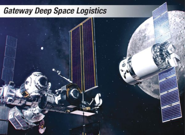 NASA poster rendering of an astronaut in space, approaching the Gateway module, with the words "Gateway Deep Space Logistics" on a banner overhead