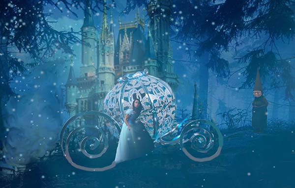 Cinderella in a white dress, next to a silver coach in a forest at night with a castle in the distance and a fairy watching her