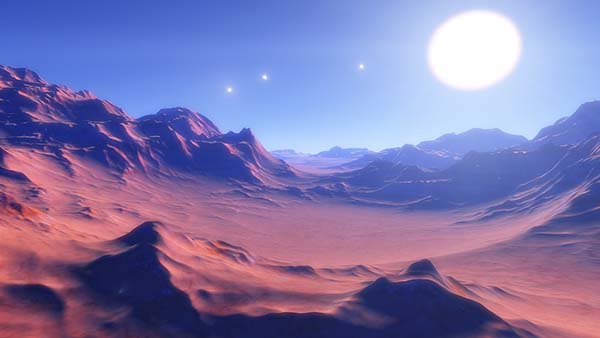 Martian landscape with sweeps of red sand against a blue sky with three bright planets and the Moon