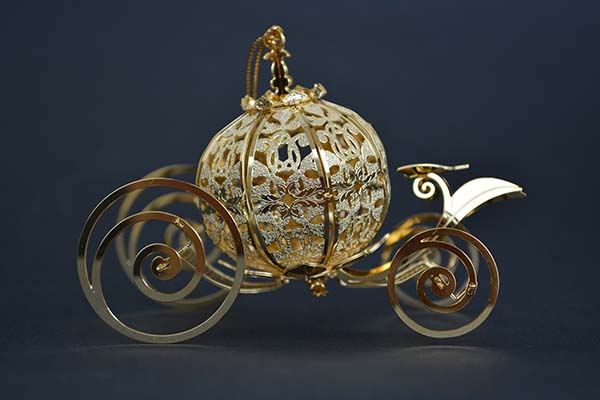 Gold filigree miniature model of Cinderella's pumpkin coach