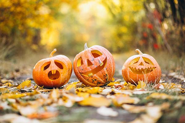 Three jack-o-lanterns sitting outside on a pile of golden leaves.  One with a grin leans against one with its mouth open in fear as a third grinning one sites by.