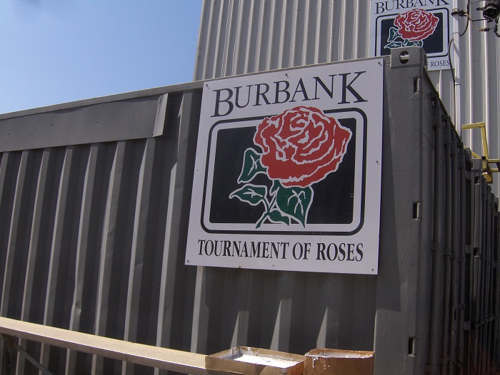 A sign on Burbank Tournament of Roses' float barn welcomes visitors