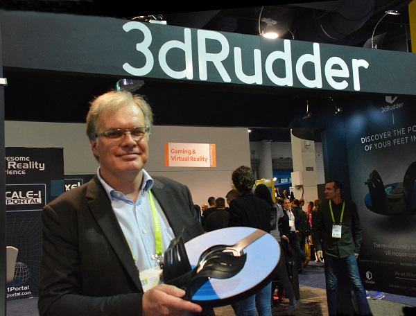 3D Rudder founder and CEO Stanislas Chenais exhibits his VR foot control on the show floor of CES 2018