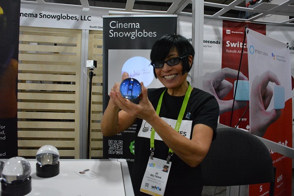Artist and inventor JD Beltran displays her Cinema Snowglobes at CES 2018
