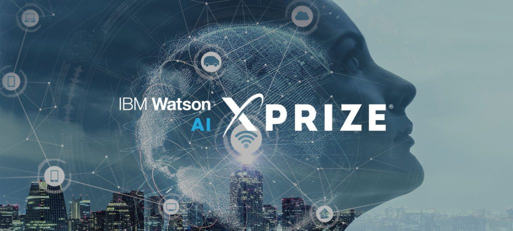 Graphic with woman's face and glove with "IBM Watson AI XPrize" letting