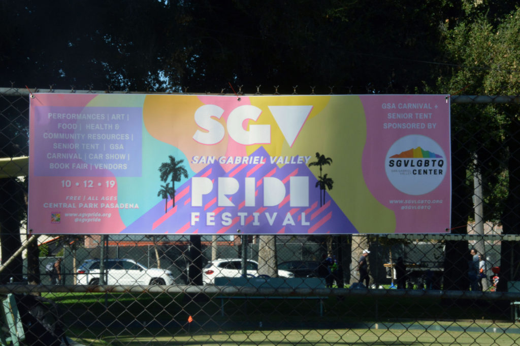 "SGV Pride" Festival banner on fence near Central Park in Pasadena