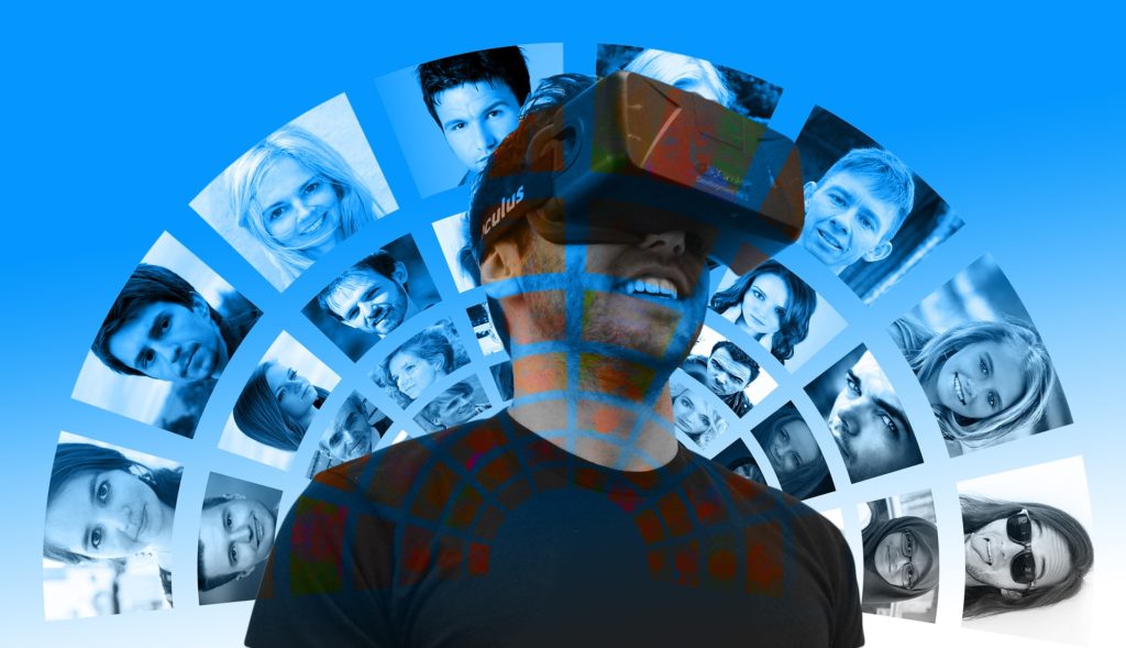Man in virtual reality headset against blue background with photos of numerous other people behind him