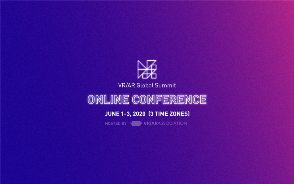 VR/AR Global Summit Online white lettering graphic against purple background, with "June 1-3" dates