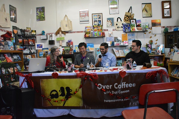 Over Coffee host Dot Cannon with "Tech-y Valentine" panelists Mitchell Malpartida, Michael Luong and James Castellanos in a Valentine's Day remote podcast recording