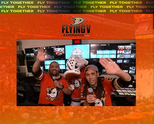 Jojo, Sammy and Wild Wing wave goodbye from the control room, with video monitors in the background