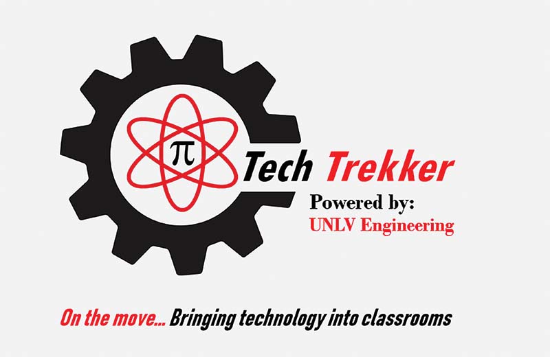 Tech Trekker logo: a black gear surrounding a red atomic-energy symbol with pi in the center,, and the words, "Tech Trekker, Powered by UNLV Engineering" and "On the move...brining technology into classrooms."