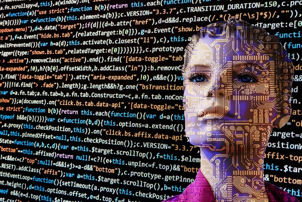 Humanoid robot's face superimposed on a background of code written in multicolored letters