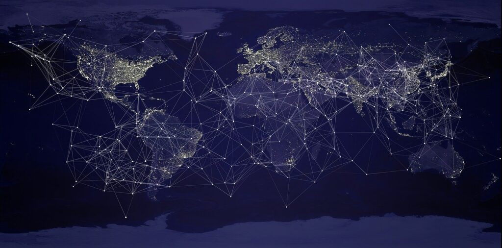 Earth on dark-blue background outlined in a network of lights