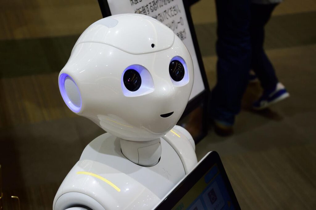Closeup of smiling "Pepper" robot in a mall