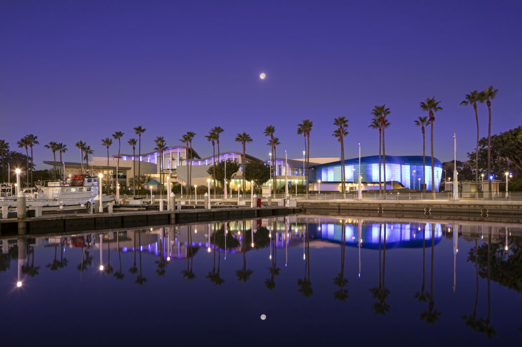 Aquarium of hte Pacific building at night, with a row of palm trees before the building,, reflected in the ocean and with the moon overhead