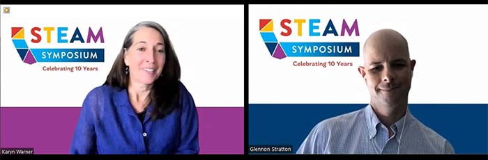Karyn Warner and Glennon Stratton smile against a Zoom background with the State of California outlined in colorful blocks and "California STEAM Symposium"