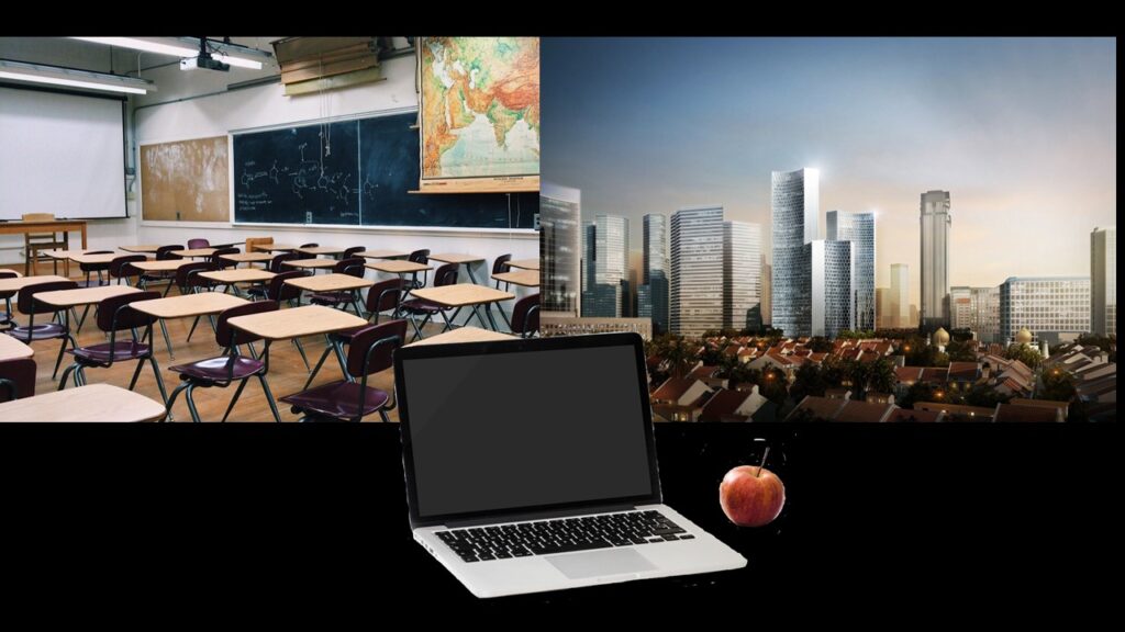 Collage of classroom, digital city skyline and laptop computer with an apple beside it depicts STEMuli