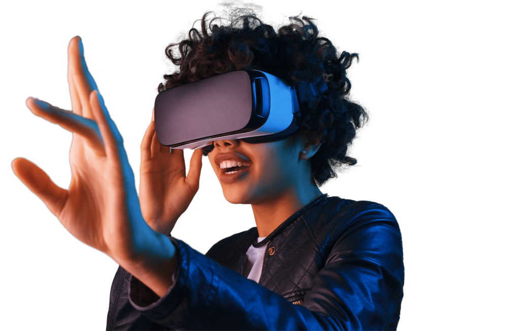 African-American woman in VR headset with her mouth open in surprise