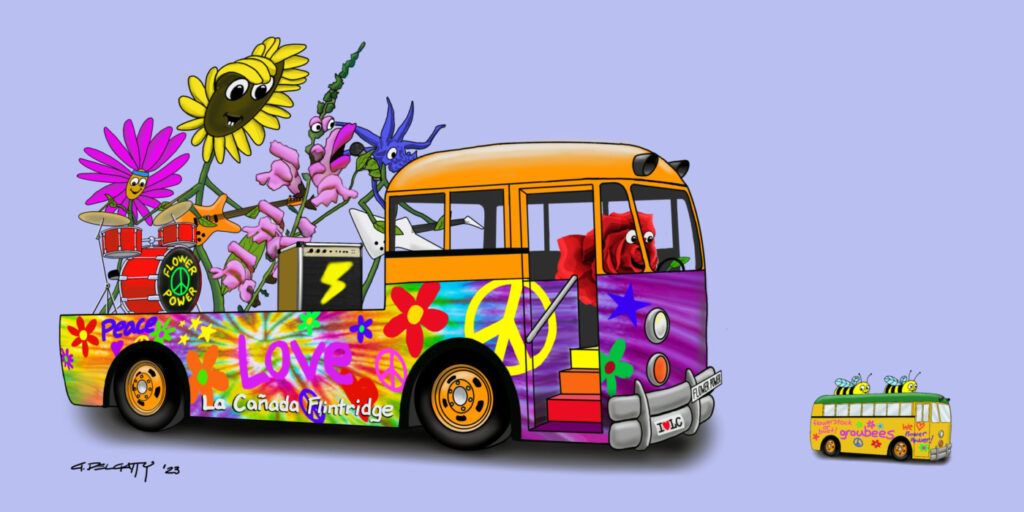 Rendering by artist/float designer Grant Delgatty of LCFTRA's 2024 Rose Parade float, "Flower Power", with a hippie bus driven by a rose on which a band of flowers are playing instruments.