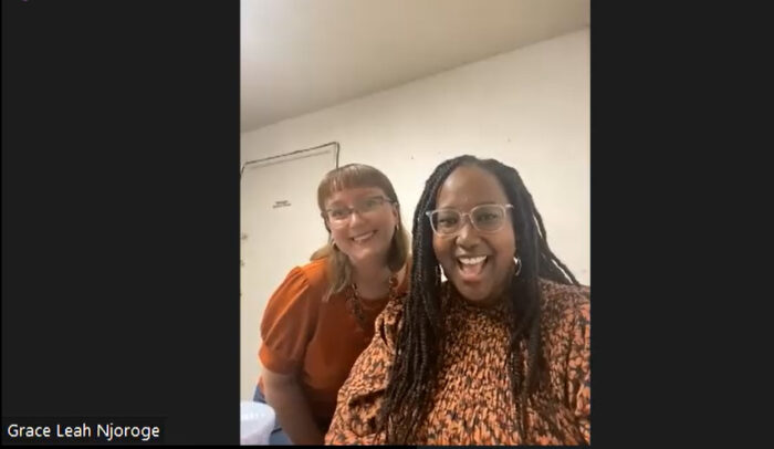 Las Vegas Natural History Museum Co-Executive Director Kate Porter and Education Director Grace Njoroge smile while discussing "Dino-Ween".