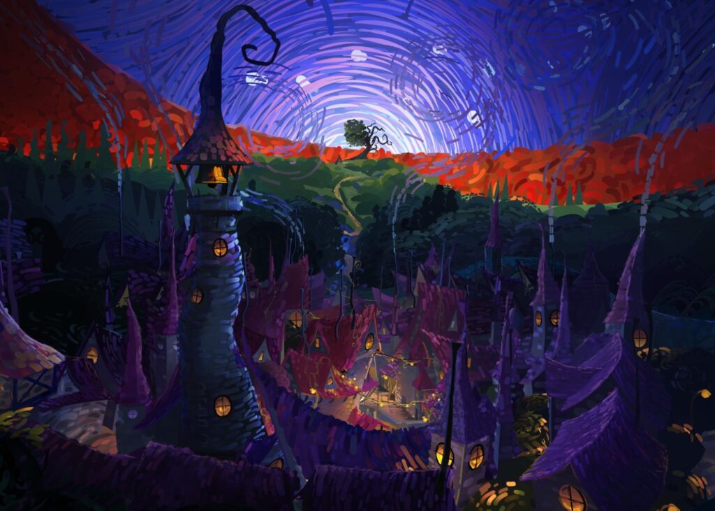 Illustration of Nyssa's world at twilight: a village with a tall spire, white stars and light over the horizon and mountains in the background.