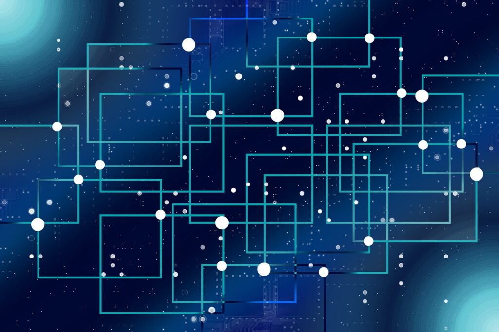 Circuit board with white lights lit against a blue background.