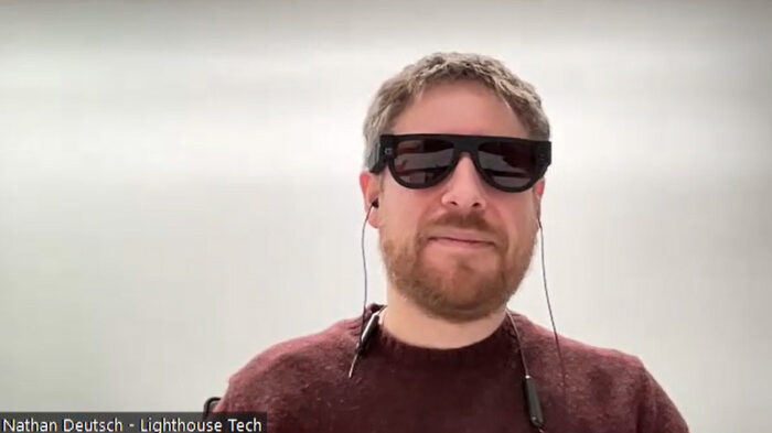Lighthouse Tech Co-Founder/COO/Innovation Lead Dr. Nathan Deutsch models a pair of his startup's smart glasses.