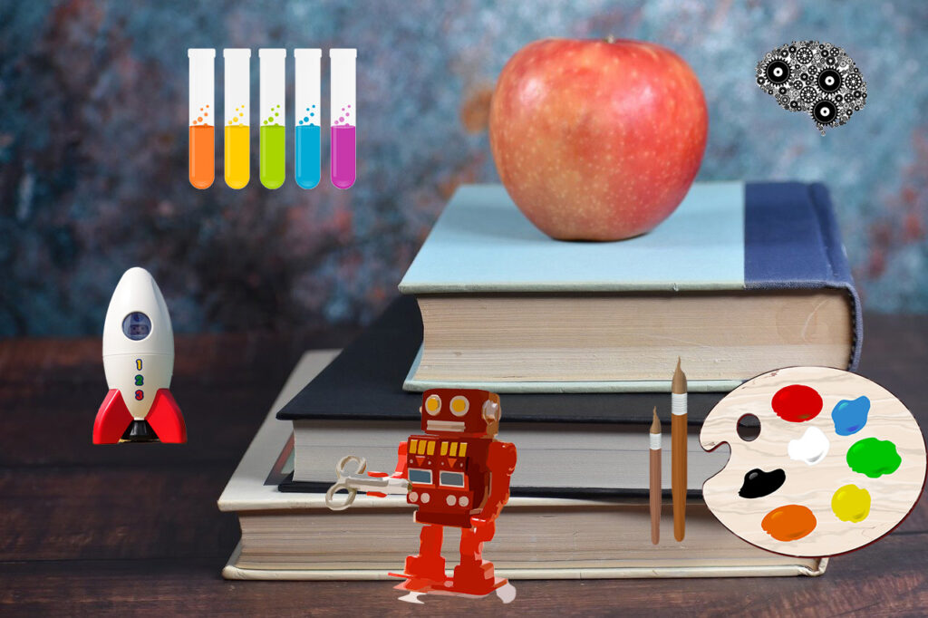 Background of stacked books with an apple, surrounded by graphics of a robot, a rocket, artits' palette, and chemistry tubes.